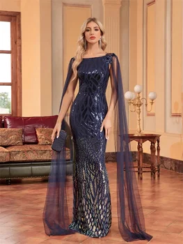 Луксозни рокли с пайети син цвят на Русалка с дълъг ръкав за гостите на вашата сватба, вечерни коктейлни рокли за абитуриентски бал за булки за специален повод