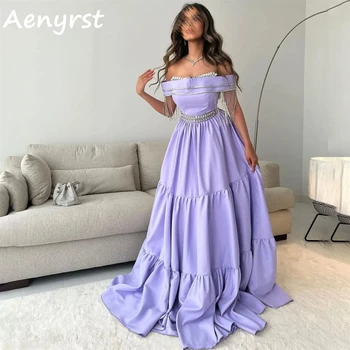 Aenyrst Лилави рокли за бала в Саудитска Арабия с открити рамене, вечерни рокли от сатен и кристал трапецовидна форма, рокля за официални случаи с дължина до пода