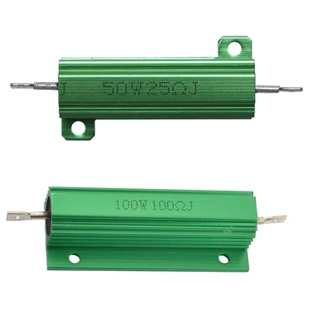 2 бр. захранващ резистор с метална намотка в алуминиев корпус в зелен цвят 100 W 100 Ома и 50 W 25 Ома