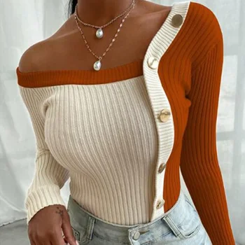6 цвята, Модерен пуловер оверсайз, женски случайни вязаный пуловер без презрамки, копчета, Обикновена плетени блузи с дълъг ръкав