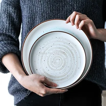 Керамична с чиния, Подглазурная креативна домакински чиния кръгла Западна дневна чиния Десерт плоча, Плодови чиния, Зеленчукови чиния