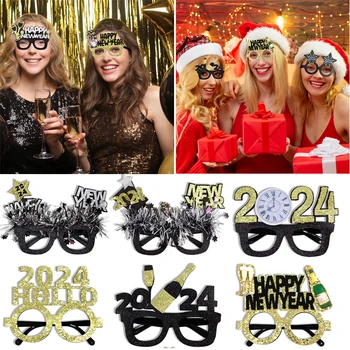 Очила с настъпващата Нова година 2024, Рамки за очила с блестяща пудра от нетъкан текстил за възрастни и деца, украса за новогодишната партита