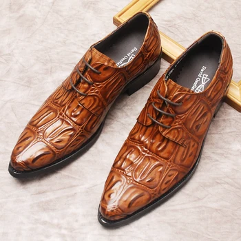 оксфорд Ежедневни Мъжки обувки От Естествена Телешка Кожа С Петна Крокодилска Кожа, Мъжки модел обувки, Модни Черни, Кафяви обувки за Сватба дантела, Официалната обувки