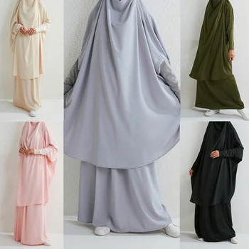 Дамски Абая с качулка, мюсюлманска молитва дрехи на Рамадан Курбан, 2 броя, Монофонични Дълъг Химар и комплект прагове, ислямска дрехи, Дубай, Никаб, Бурка