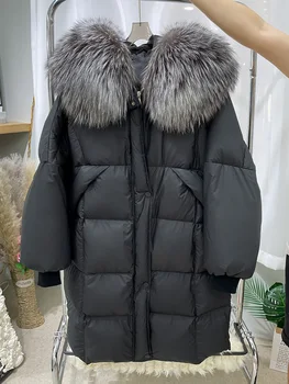 Модерна нова зимно дамско яке на гусином топола с яка от естествена кожа чернобурки, дълга топла дебела дамски яке-пуховик, паркове