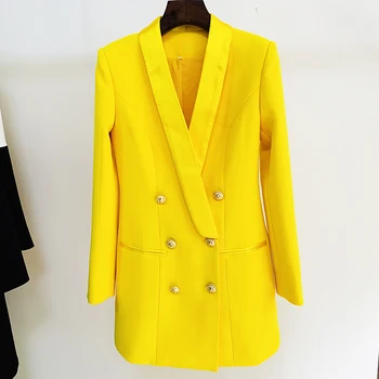 Най-новият дизайнерски дълъг блейзър 2023 г., женски с бутони под формата на лъв, Двубортный сатен сако с яка-шал, рокля, сако флуоресцентно жълт цвят