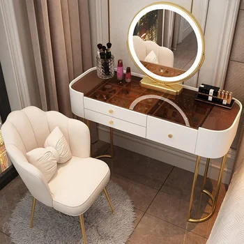 Луксозни маси за грим Nordic Light, Чай тоалетка, огледало с led осветление, тоалетка за спалня, Промишлена мебели Mesitas De Noche