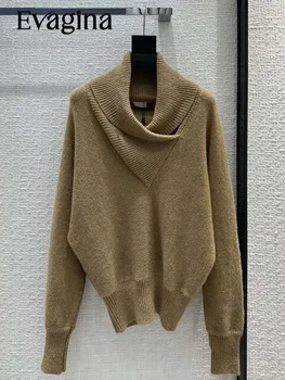 Evagina Висококачествен есента модерен ретро вязаный пуловер цвят Шампанско, пуловер, потник, женски Свободен пуловер с шарфовым яка