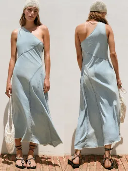 Лятна новост 2023 Дамски дрехи Sweet Ruili Асиметрично джинсовое дебнещ рокля без ръкави, със скосен рамо