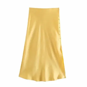 Елегантна дамска пола трапецовидна форма от сатен с намаляване на ярки цветове във френски стил Faldas Mujer, дамски ежедневни летни поли midi QUN810