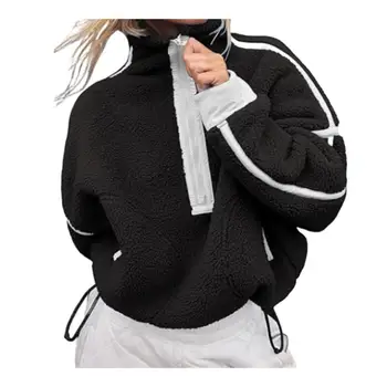 Hoody в цвят пэчворка от дебел плюш, с дълъг ръкав с цип, висока яка, свободни джобове, пуловер със средна дължина, женски топло топ