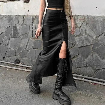 Градинска Пънк-готически Черна пола, от изкуствена кожа, дамска пола с висока талия, Нерегулярная цип, Облегающая Дълга пола с мирис на Faldas Mujer