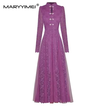 MARYYIMEI мода пролет женствена рокля с висока яка и дълги ръкави бутон мъниста окото дантела мозайка тънък елегантни рокли