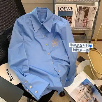 XEJ Елегантни дамски блузи за Пролетно облекло Дамски 2024 Корея Синя бродирана риза за жени Пролетно Нова Ежедневни риза оверсайз