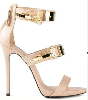 Летни нови пикантни римски сандали с отворени пръсти и метален декор на тънък висок ток Банкет рокля Универсален дамски обувки голям размер