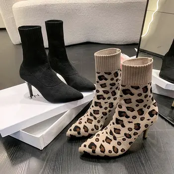 Обувки Дамски 2023 Пролет Есен Ботильоны с тесни обувки на висок ток, Ботуши на висок ток, Crochet ботуши с еластична пръсти