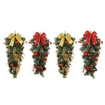 Коледна Обърната елха Изискани панделки декорация за празничната парти Коледен Венец Декорация за стена на верандата Вътрешно външно домашна Камина