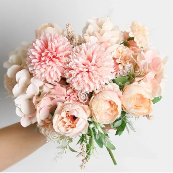 32 См Розов Копринен Божур Букет от Изкуствени Цветя от 9 Глави и 4 Пъпки Евтини Изкуствени Цветя за Дома Сватбена Украса