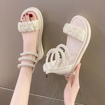Дамски сандали 2023 Летни Обувки с отворени пръсти Модерен Дизайн с перли, Дамски ежедневни Римски сандали на равна подметка