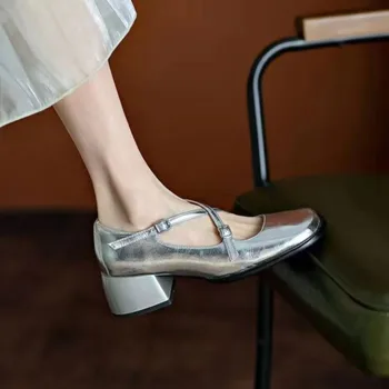 Модни дамски летни сандали-лодка 2023, сребристи обувки на Мери Джейн, офис дамски обувки-лодка на висок ток с квадратни пръсти, дамски обувки