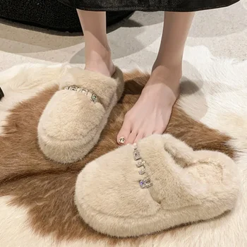 По-големи размери, есен-зима, Дамски домашни памучен обувки 2023, Модерни къси плюшени чехли на платформа със затворени пръсти, за жени, ежедневни обувки