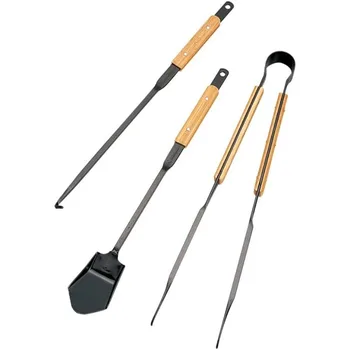 Snow Peak Fire Tool Set Pro - Набор от пожарникари инструменти с лопата, Кочергой и Клещи - Солидни стоманени инструменти за печене с бамбукови дръжки