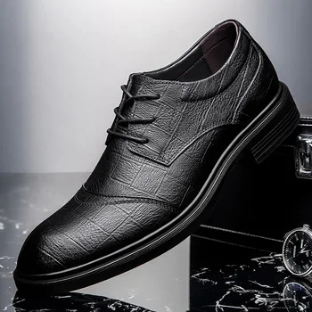 Модни мъжки обувки от естествена кожа, Английска ежедневни обувки в бизнес стил, Черна официална обувки дантела, Удобни оксфордские обувки, Големи размери 36-48
