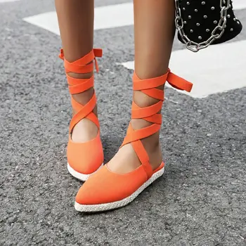 QPLYXCO 2020, летни Оранжево-жълти Ежедневни Дамски сандали за почивка с каишка на щиколотке и кръстосана шнур, Дамски сандали на равна подметка, големи размери 46 45