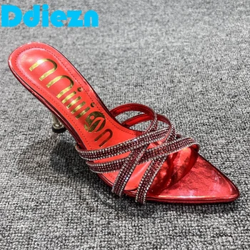 Дамски обувки-лодки, Луксозни обувки с кристали, дамски чехли на висок ток, Сандали, Модерни дамски обувки на тънък ток, червени обувки