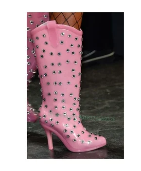 Гумени Розови ботуши до коляното с кристали, дамски пикантни ботуши на тънък висок ток с кръгло бомбе, 2023, обувки-слипоны с кристали, Нова лукс