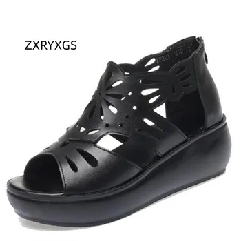 ZXRYXGS / 2023 Лятна меки обувки от естествена кожа, дамски Нови сандали, големи размери, сандали на танкетке на дебела подметка, Римска обувки, които на ръст,