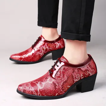 Мъжки обувки на висок ток с змеиным модел За нощен клуб, Мъжки Ежедневни Кожени Сватбени обувки с остър пръсти на дебелите обувки за Мъже, Обувки-дерби