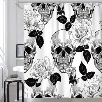 Завеса за душ с цветя на черепа, черно-бял скелет, рози, завеси за Хелоуин от полиестерен плат, декорация за баня с куки