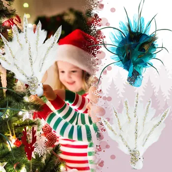2 бр. Коледна украса, украса от изкуствени павлина, блестящи синьо-бели орнаменти от павлина със скоба за хвостового пера