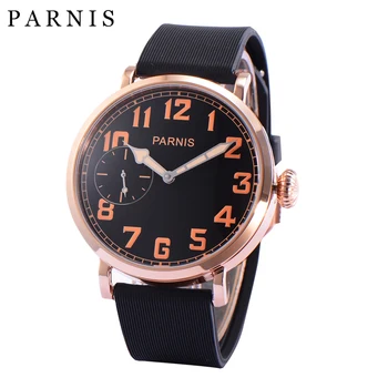 Модни механични часовници Parnis 46 мм от розово злато с ръчно от мъжки ръчен часовник с кожена каишка mechanische uhren 2024, Мъжки подарък часовник