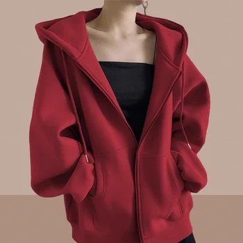Бордовая дамски hoody, яке, пролет-есен 2023, нов свободен всекидневни женски жилетка с цип