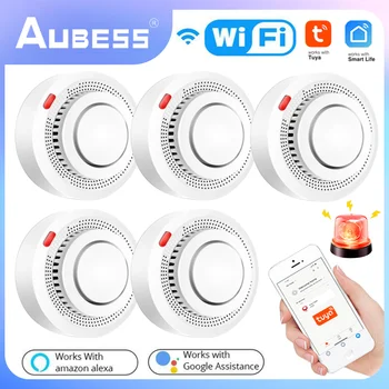 AUBESS Sasha WiFi Сензор за откриване на дим 80 DB Пожароизвестяване Интелигентен Детектор за дим Wifi Противопожарна защита, Управление на домашна аларма 