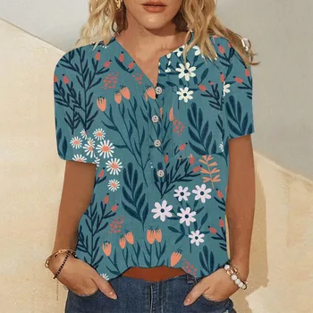 Дамска Лятна Блуза, Копчета С Цветя Модел И Къс Ръкав, Удобни И Елегантни Ризи