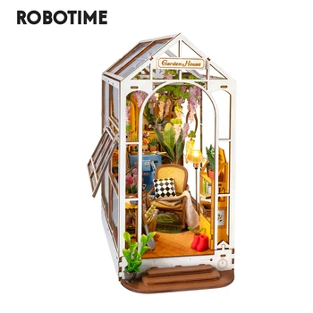 Robotime Rolife Градински Къща Книжен Ъгъл САМ Куклена Къща Поставка за Книги, Състав Комплект Led Подсветка на Дървен Пъзел за Декор на Рафтове - TGB06