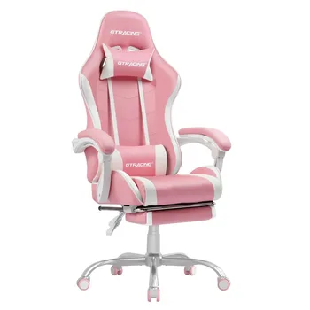 Офис игралното стол с флип от облегалка и поставка за крака, розова, с регулируема височина GTRACING