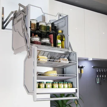 Горен шкаф за хладилник двоен корпус отвличане на изтеглящи кошници двуслойни окачен шкаф, разтегателен лифт с кухненски рафтове за съхранение