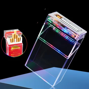 Нов прозрачен портсигар за запалки с капацитет 20 стандартни цигари USB-зареждане на запалката с мига лампата