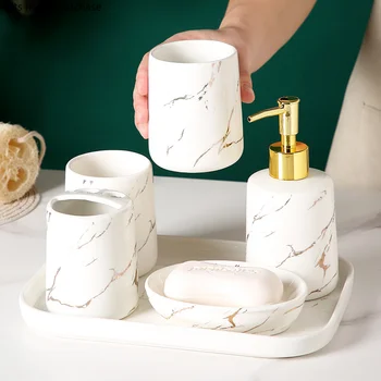 Комплект от мрамор керамика за баня от 5 теми с тавата, определени мундштуков за миене на баня, бутилка лосион, държач за четка за зъби, препарат за съдове