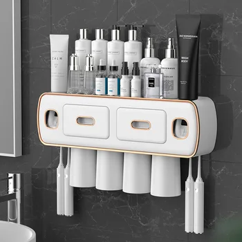 Държач за четка за зъби и паста с автоматична сокоизстисквачка, стенни богат на функции на срока за съхраняване в банята, бормашина не се изисква