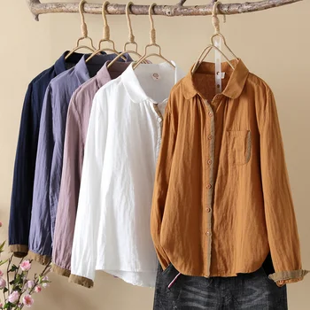 Блузи от 100% памучна прежда, за жени, есен-зима, японски стил, широки ризи карамел цвят, ефектен дамски блузи, потници в големи размери