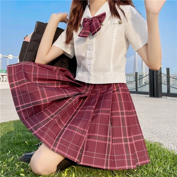 Дамски плиссированная пола JK, лятна мини-пола в клетка с модерен лък и висока талия, трапециевидные сладки ученически поли за момичета в Япония, червени поли