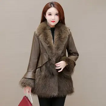 Дамско палто от изкуствена кожа със средна дължина, Елегантни връхни дрехи с отстрочкой, Голям размер, и Топло зимно палто, Дамска мода, Ново 2024 г.