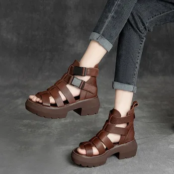 Ръчно изработени обувки от естествена кожа RUSHIMAN, Дамски сандали на равна платформа, Лятна ежедневни Обувки, сандали за почивка