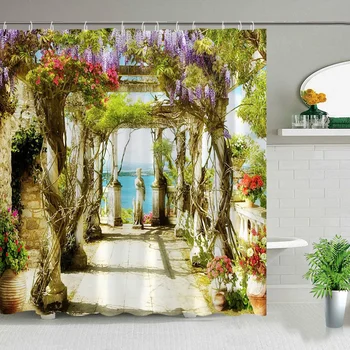 Градински пейзаж Завеса за душ Поставка за цветя Глициния Средиземноморската градска архитектура Пейзаж, Морски пейзаж Плат Декор на банята