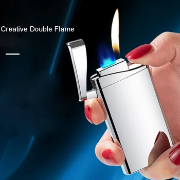 Творчески метални със син пламък Надуваеми запалки с двойно горенето На бутановом газ Ветрозащитная Запалка с директен пламък Огнен подарък